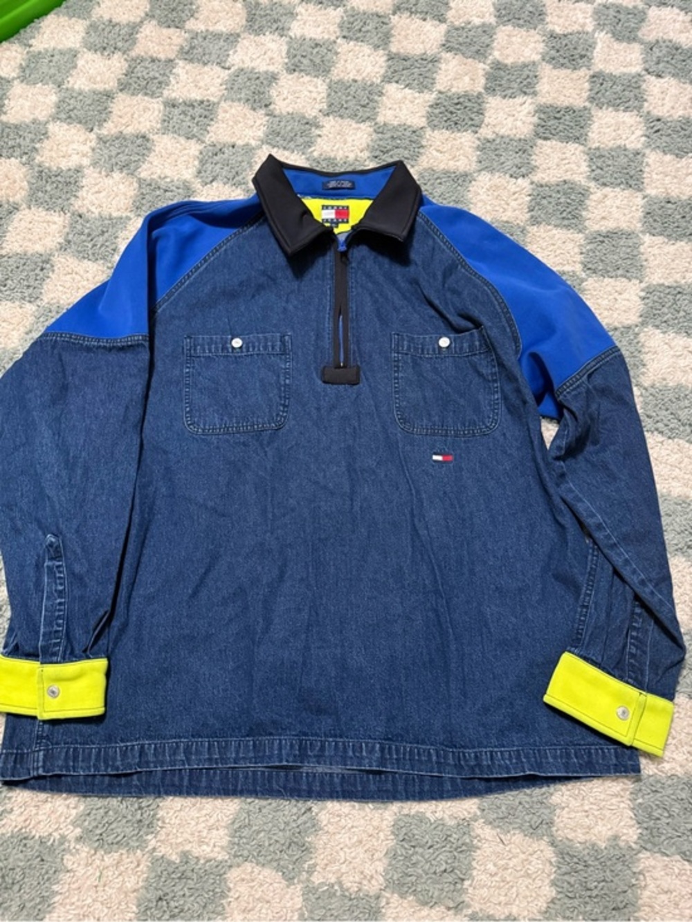 Tommy Hilfiger Jeans Vtg 90s Blue Denim Quarter Zip Pullover Neon Details Street